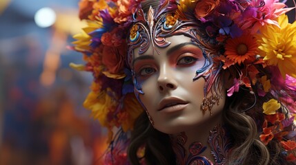 Close up photo of a woman in traditional Day of the Dead costume and make up (Día de Muertos)