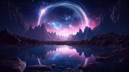 A futuristic and fantastical night landscape featuring an abstract island, bathed in moonlight and radiance. The scene is illuminated by the moon and neon lights.