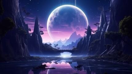 A futuristic and fantastical night landscape featuring an abstract island, bathed in moonlight and radiance. The scene is illuminated by the moon and neon lights.