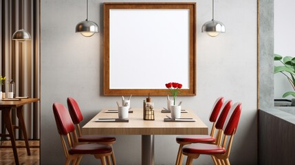  A Mockup poster blank frame, hanging on marble wall, above mid-century modern dining table, Retro diner