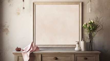 A Mockup poster blank frame, hanging on marble wall, above antique vanity, Vintage dressing room