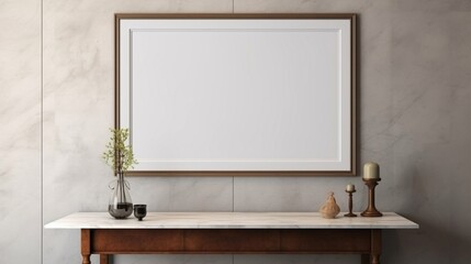 Mockup poster blank frame, hanging on marble wall, above antique vanity, Victorian dressing room