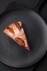 Delicious sweet aromatic homemade pie with ripe plums