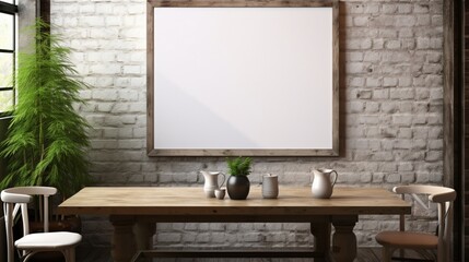 A Mockup poster blank frame, hanging on marble wall, above farmhouse dining table, Rustic barn