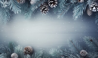 Fototapeta na wymiar Christmas background. Spruce branch and snowflakes frame. Space for text.
