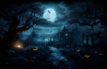 Fototapeta premium Jack O' Lanterns In Graveyard In The Spooky Night - Halloween Backdrop