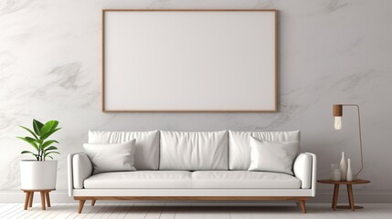 A Mockup poster blank frame, hanging on marble wall, above mid-century modern sofa, Retro lounge