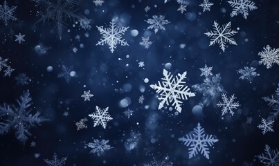 Falling snowflakes on blue background. Blurred snowflakes. Christmas background.