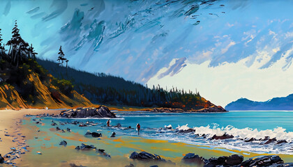 Painting of the coastline of Vancouver Island in British Columbia, Canada - obrazy, fototapety, plakaty