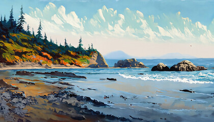 Painting of the coastline of Vancouver Island in British Columbia, Canada - obrazy, fototapety, plakaty