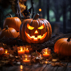 A Halloween Jack o'lantern surrounded by Halloween decorations like candles, pumpkins, lights and spooky buildings