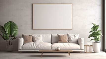 Mockup poster blank frame, hanging on marble wall, above minimalist coffee table, Contemporary loft