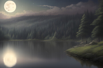 Lake in the forest at night