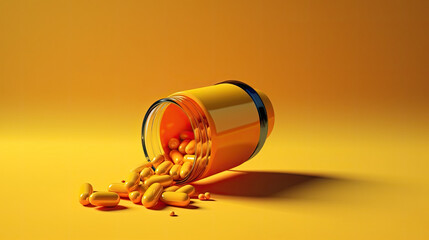 Medicine yellow bottle with pill spilling depicting addiction risks, AI Generated