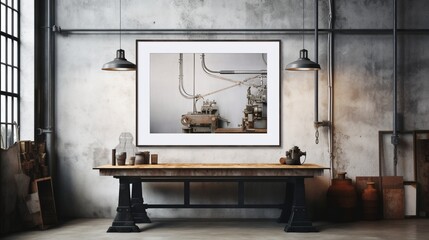 Mockup poster blank frame, hanging on marble wall, above industrial workbench, Creative studio