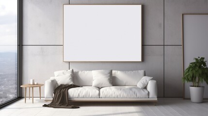 Mockup poster blank frame, hanging on marble wall, above glass-top coffee table, Contemporary penthouse