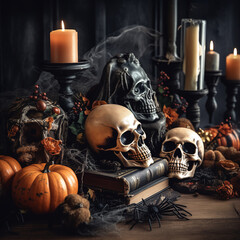 A table covered in Halloween decorations like spooky candles, skulls, spiders and pumpkins. 