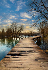 Wooden bridge over the river Una on the Brvice river beach in Town of Bihac