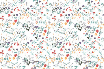 Fototapeta na wymiar Floral botanical texture pattern with flowers and leaves. Seamless pattern can be used for wallpaper, pattern fills, web page background, surface textures.