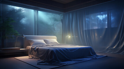 A bedroom designed for optimal sleep, with blackout curtains, soundproofing, and temperature control, catering to the growing awareness of the importance of sleep health - obrazy, fototapety, plakaty