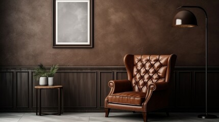 A Mockup poster blank frame, hanging on marble wall, above leather armchair, Classic gentleman's den