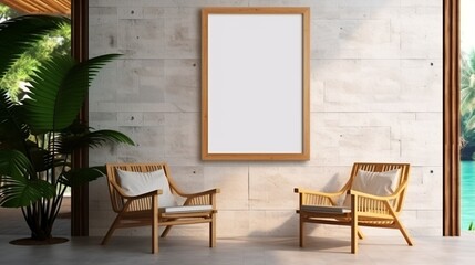 A Mockup poster blank frame, hanging on marble wall, above rattan chair, Tropical paradise