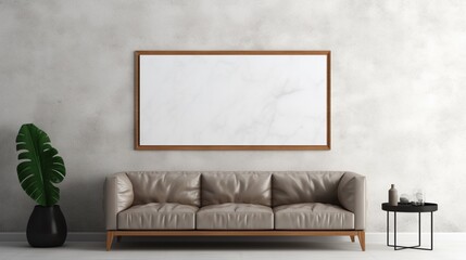 A Mockup poster blank frame, hanging on marble wall, above leather sectional sofa, Contemporary lounge