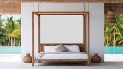 A Mockup poster blank frame, hanging on marble wall, above rattan bed, Tropical getaway