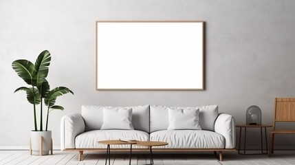 A Mockup poster blank frame, hanging on marble wall, above concrete coffee table, Minimalist loft