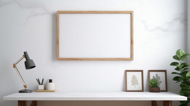 A Mockup poster blank frame, hanging on marble wall, above mid-century modern desk, Vintage office
