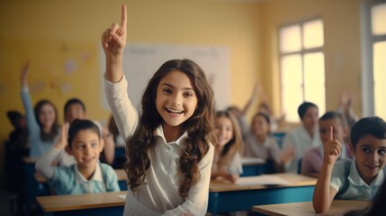 Happy girl student raising hand in classroom, children active study in school, School children sitting at the desk in classroom on the lesson, raising hands