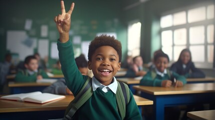 Happy African American boy student raising hand in classroom, children active study in school, School children sitting at the desk in classroom on the lesson, raising hands
