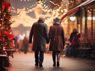 Senior couple walking on glowing shiny decorated street on Christmas season evening, elder husband and wife romance, soul mate, slow life. - obrazy, fototapety, plakaty