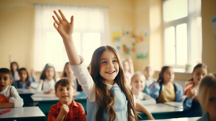 Happy girl student raising hand in classroom, children active study in school, School children sitting at the desk in classroom on the lesson, raising hands - obrazy, fototapety, plakaty