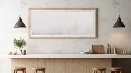 A Mockup poster blank frame, hanging on marble wall, above farmhouse kitchen island, Rustic farmhouse