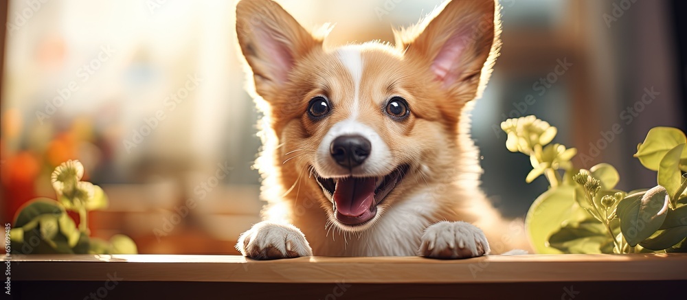 Canvas Prints Purebred corgi dog resting on living room sofa representing comfort animal care and happiness