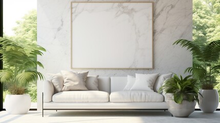 Polished marble walls exude luxury in a garden room with a mockup poster blank frame.