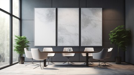 Polished marble walls exude sophistication in a modern office with a mockup poster blank frame.
