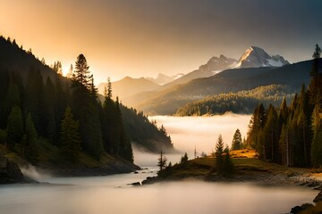 Natural fog and mountains sunlight background blurring, misty waves warm colors and bright sun light. Christmas background sky sunny color orange light patterns, abstract flare evening on clouds blur.
