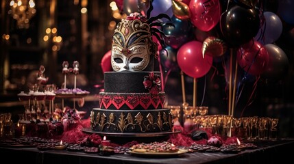 Showcase an exquisite masquerade ball-themed cake adorned with intricate masks and opulent balloons for a mysterious celebration - obrazy, fototapety, plakaty