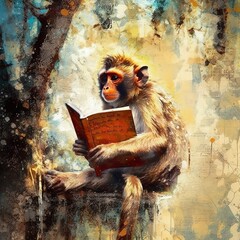 A monkey sitting on a tree with a book