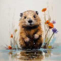 Beautifully watercolor painting of a baby beaver next to the water
