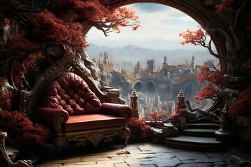 Elegant red curved armchair with a view of a beautiful fantasy landscape