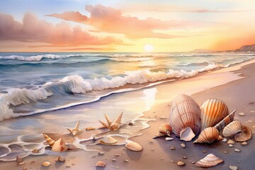 watercolor painting sunset on the beach with waves. - obrazy, fototapety, plakaty