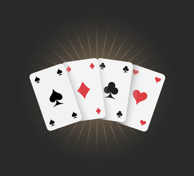 Set of four playing cards suits with symbols spades, diamonds, clubs and hearts. Casino promo icon on a dark background with golden glow. Gambling concept design. Vector illustration.