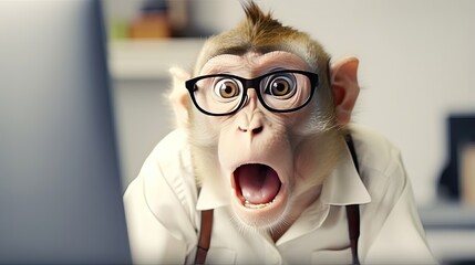 Anthropomorphic monkey with glasses working at a laptop in an office. Human characters through animals. Creative idea. Shocked, startled or frightened look with wide open mouth and bulging eyes. - obrazy, fototapety, plakaty