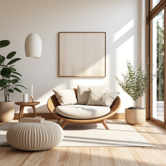 Rustic sofa and side table, potted houseplants against wall with poster, scandinavian home interior design of modern living room. generative AI