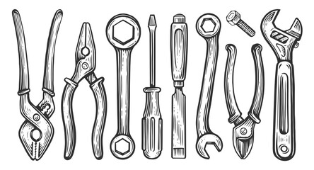 Set of hand work tools. Construction equipment for or repair work. Hand drawn sketch illustration © ~ Bitter ~