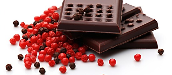 Red peppercorns and dark chocolate on white top view