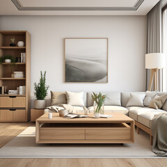Rustic sofa and side table, potted houseplants against wall with poster, scandinavian home interior design of modern living room. generative AI